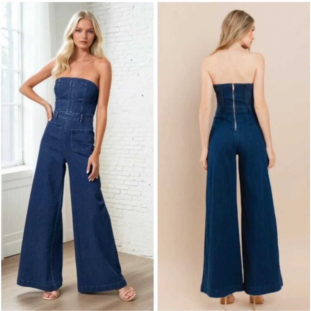 DARK DENIM STRAPLESS WIDE LEG DENIM JUMPSUIT WITH POCKETS🤠- Picture 2 of 8